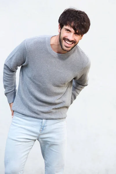 Portrait Handsome Young Man Beard Laughing White Wall — Stock Photo, Image