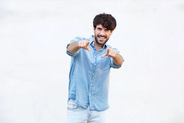 Porträt Eines Coolen Typen Mit Bart Der Mit Dem Finger — Stockfoto