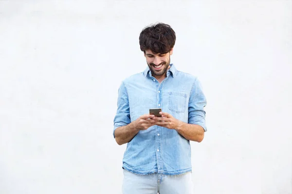 Portrait Cool Guy Beard White Background Holding Mobile Phone — Stock Photo, Image