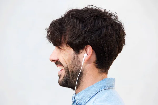 Close Profile Portrait Young Man Smiling Listening Music Earphones — Stock Photo, Image
