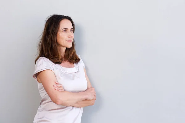 Side Portrait Attractive Older Woman Staring Copy Space — Stock Photo, Image