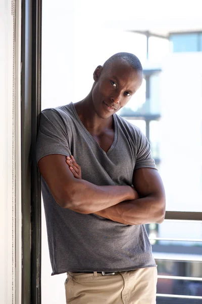 Portrait Cool African American Man Leaning Wall Window — Stock Photo, Image