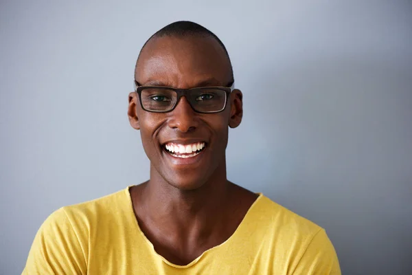 Close Portrait Smiling African American Man Gray Background — Stock Photo, Image