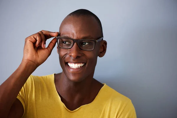 Close Portrait Smiling Black Guy Glasses Gray Background — Stock Photo, Image