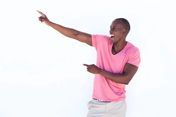 Portrait Cheerful Black Man Pointing Fingers Copy Space White Background — Stock Photo, Image