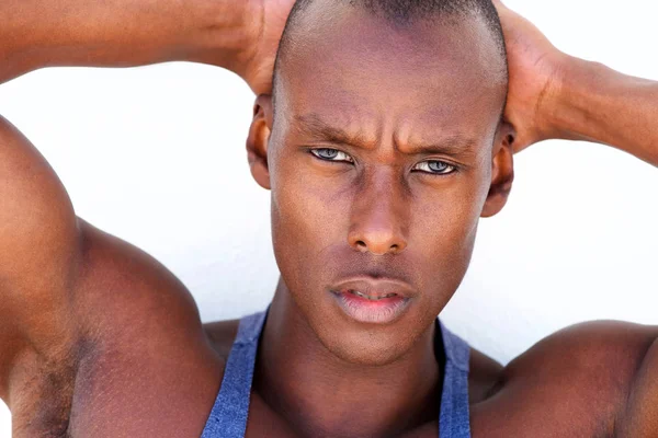 Close Portrait Handsome African Man Hands Head Staring — Stock Photo, Image