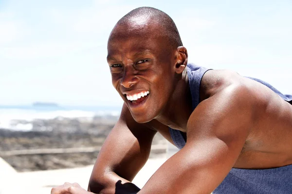 Close Portrait Happy Young Black Man Smiling Summer — Stock Photo, Image