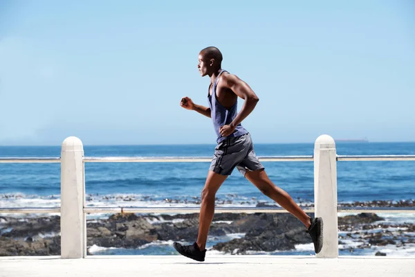 Full Length Side Portrait Fit Young African American Man Running — Stock Photo, Image