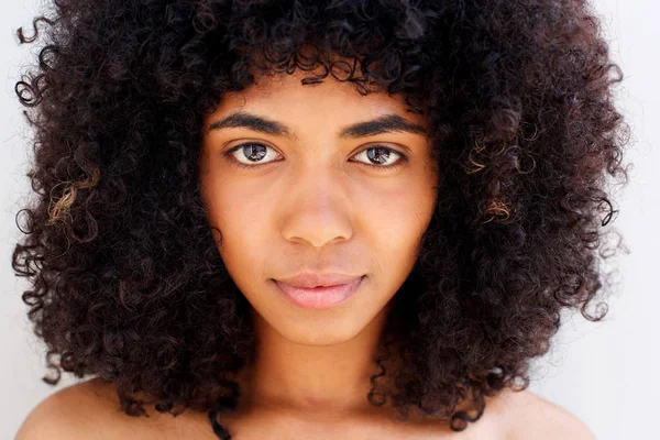 Close Portrait Beautiful African American Girl Face Long Curly Hair — Stock Photo, Image