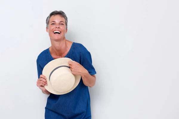 Портрет Веселой Пожилой Женщины Смеющейся Шляпе Белом Фоне — стоковое фото