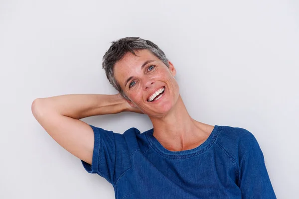 Portrait Happy Older Woman Hand Head — Stock Photo, Image