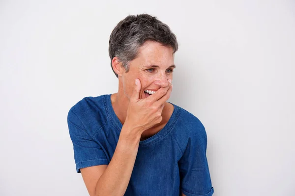 Portrait Attractive Older Woman Laughing Hand Covering Mouth — Stock Photo, Image