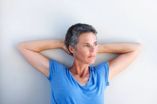 Close Portrait Attractive Mature Woman Staring Contemplation Hands Head — Stock Photo, Image