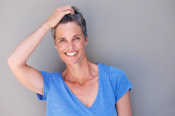 Close Portrait Happy Woman Laughing Hand Hair — Stock Photo, Image