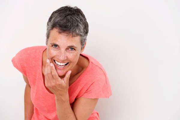 Retrato Horizontal Mulher Mais Velha Rindo Contra Fundo Branco — Fotografia de Stock