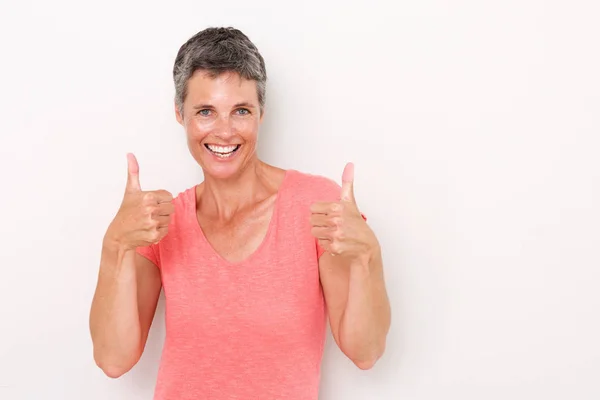 Portrait Happy Older Woman Thumbs White Background — Stock Photo, Image