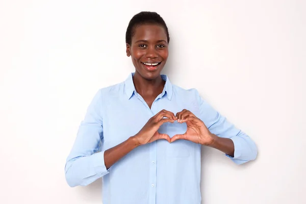 Portret Pięknej Młodej Kobiety Afrykańskie Uśmiechający Się Znakiem Ręki Kształcie — Zdjęcie stockowe