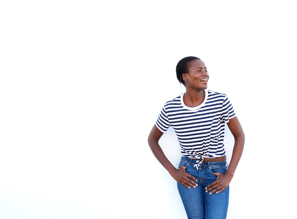 Porträtt Attraktiva Unga Afrikanska Kvinnan Tittar Bort Vit Bakgrund — Stockfoto
