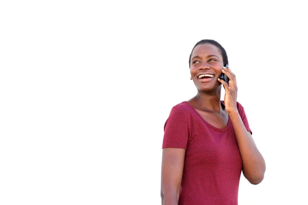 Porträtt Coola Unga Afrikanska Kvinnan Talar Mobiltelefon Och Leende Vit — Stockfoto