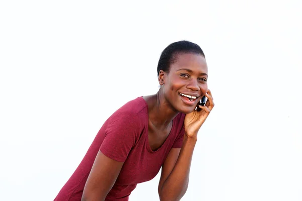 Porträtt Skrattande Unga Afrikanska Lady Talar Mobiltelefon Vit Bakgrund — Stockfoto
