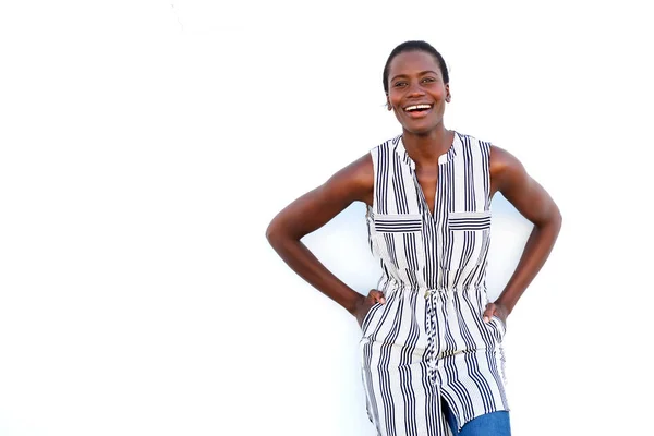 Retrato Una Joven Africana Posando Sobre Fondo Blanco Sonriendo —  Fotos de Stock