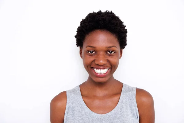 Close Retrato Bela Jovem Africana Com Grande Sorriso Fundo Branco — Fotografia de Stock