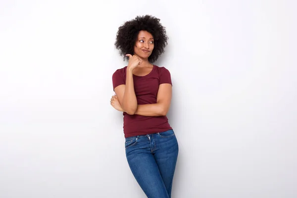 Portrait Upset Young African Woman Pointing Backwards Her Thumb White — Stock Photo, Image