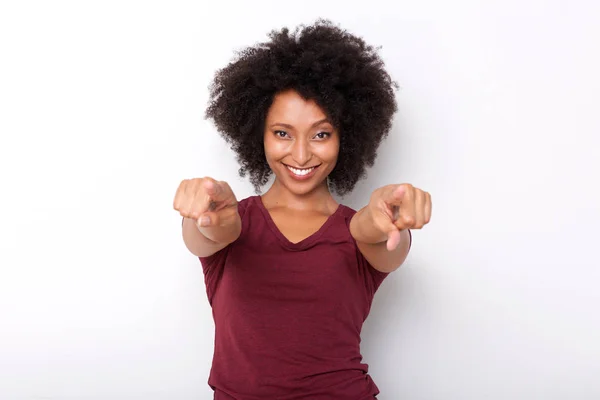 Portrait Happy Young African Woman Pointing Both Hands Smiling White — Stock Photo, Image