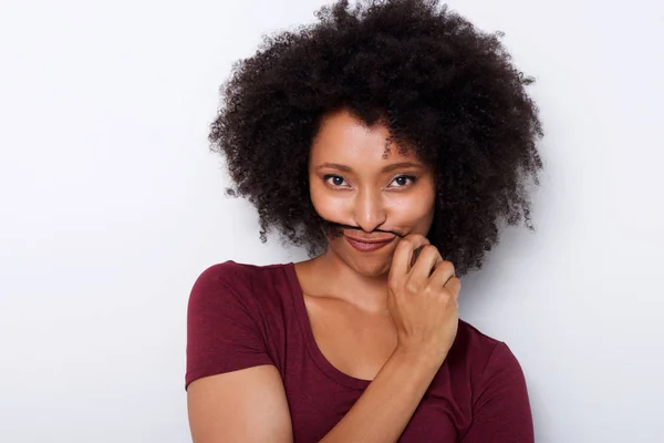 Close Portrait Beautiful African Woman Holding Hair Face Moustache — Stock Photo, Image