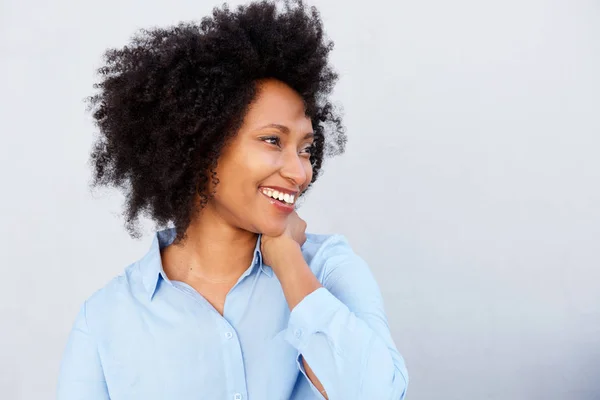 Close Portrait Beautiful Woman Shirt Looking Away Smiling Gray Background — Stock Photo, Image