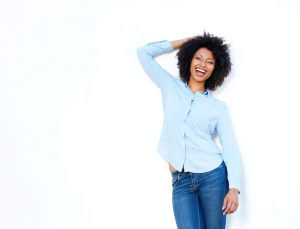 Portret Van Jonge Vrouw Lachen Met Hand Haar Witte Achtergrond — Stockfoto