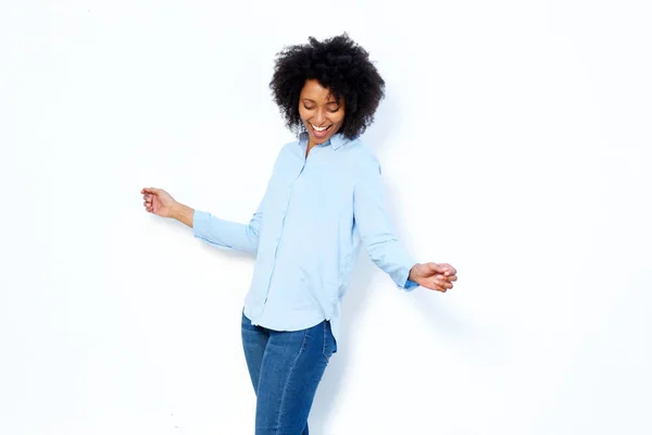 Retrato Una Joven Africana Feliz Bailando Disfrutando Sobre Fondo Blanco —  Fotos de Stock