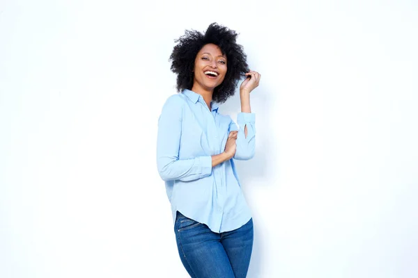 Retrato Una Hermosa Joven Afroamericana Disfrutando Sobre Fondo Blanco —  Fotos de Stock