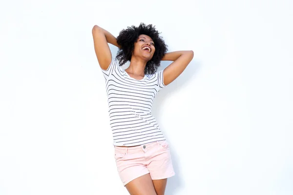 Portrét Veselá Afroamerické Ženy Rukama Kudrnaté Vlasy Proti Bílým Pozadím — Stock fotografie