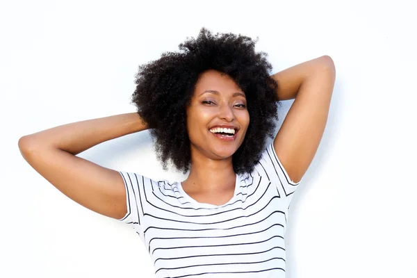 Close Portrait Happy Young Black Woman Hands Hair Smiling White — Stock Photo, Image