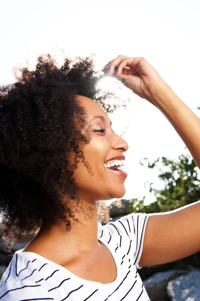 Close Side Portrait Happy Young Black Woman Curly Hair Smiling — Stock Photo, Image