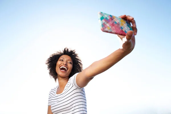 Portrait Laughing Young African American Woman Taking Selfie Smart Phone — Stok Foto