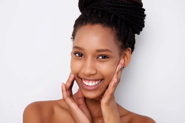 Close Portrait African American Female Fashion Model Hands Face White — Stock Photo, Image