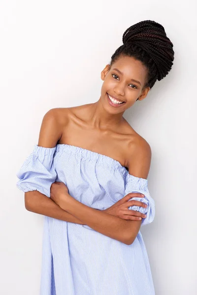 Retrato Una Joven Africana Moda Pie Con Los Brazos Cruzados —  Fotos de Stock