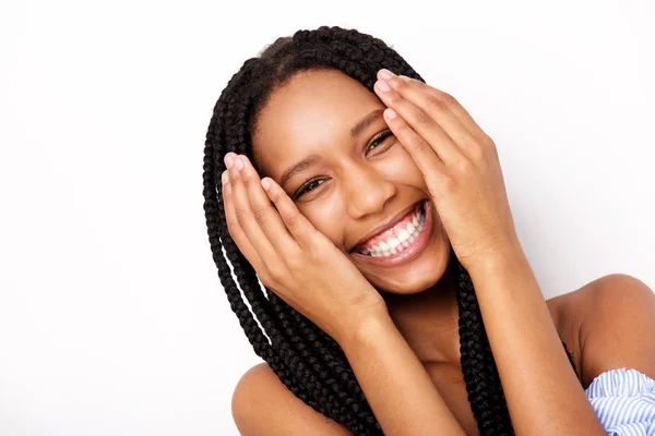 Close Portrait Cheerful African American Young Woman Hands Face White — Stock Photo, Image