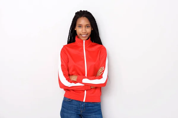 Potret Wanita Muda Cantik Dengan Jaket Merah Berdiri Dengan Lengan — Stok Foto