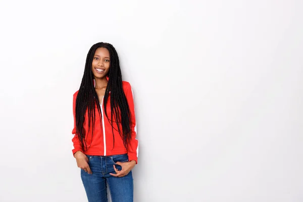 Portrait Jolie Jeune Femme Veste Rouge Posant Sur Fond Blanc — Photo