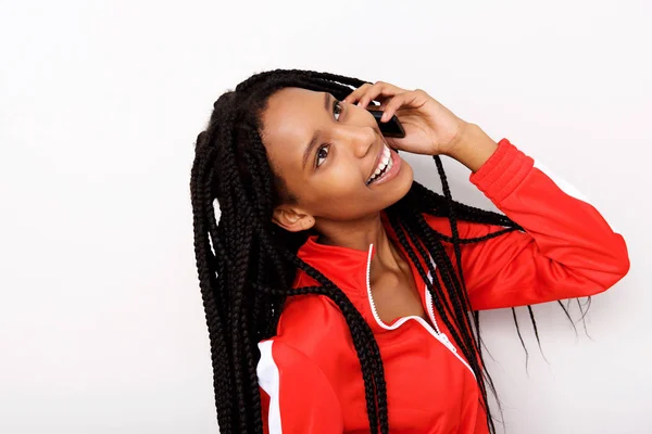 Close Portrait African American Girl Enjoying Talking Mobile Phone White — Stock Photo, Image