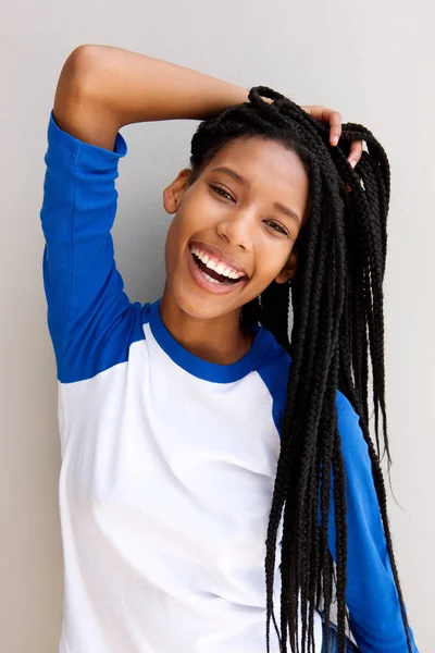 Portrait Cheerful Black Girl Braided Hair Smiling Wall — Stock Photo, Image