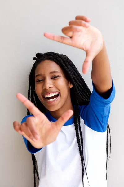 Close Portrait Happy African American Girl Making Frame Fingers — Stock Photo, Image