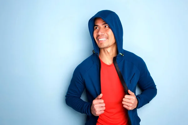 Portrait Mature Asian Man Hooded Sweatshirt Blue Wall — Stock Photo, Image
