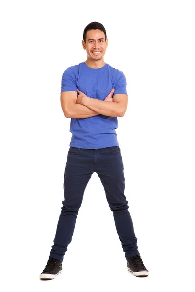 Full Body Portrait Fashionable Mature Asian Man Arms Crossed Standing — Stock Photo, Image