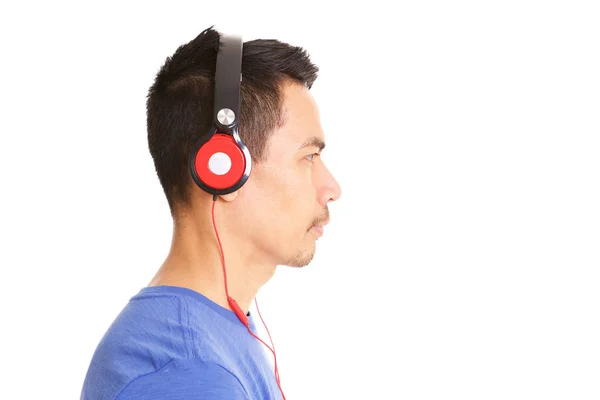 Close Profile Portrait Older Asian Man Wearing Headphones Listen Music — Stock Photo, Image