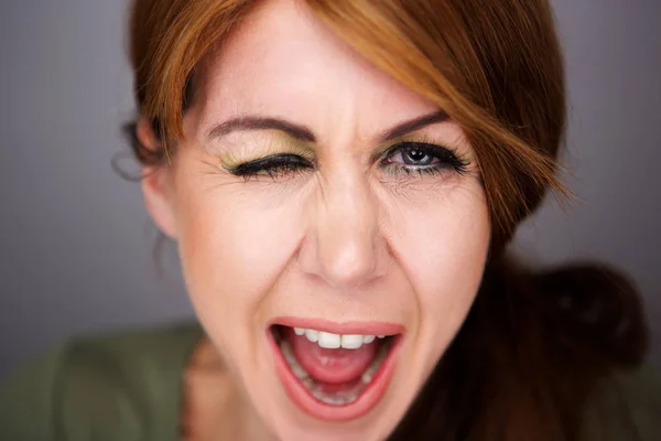 Close Portrait Cheerful Middle Aged Woman Winking Eye — Stock Photo, Image