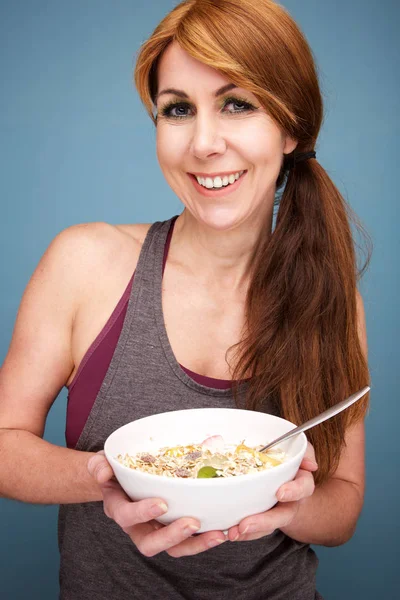 Close Portrait Beautiful Fit Mature Woman Bowl Healthy Breakfast — Stock Photo, Image